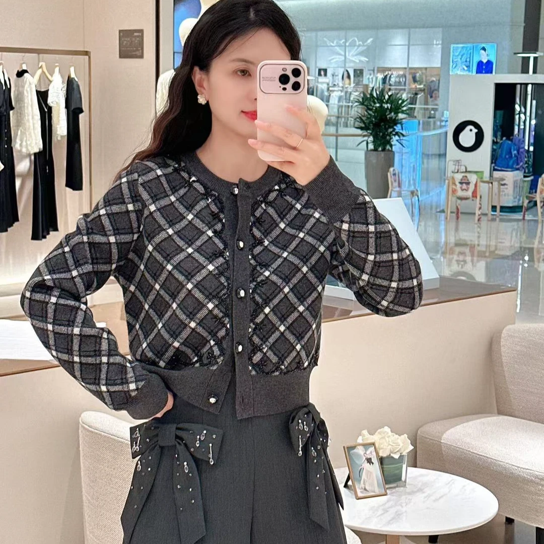 毛针织衫菱形女开衫款小香风上衣格子开衫时尚网红千鸟格气质