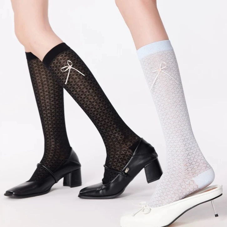 夏季薄款透气镂空蝴蝶结堆堆袜中筒袜少女菱格白色袜子女SugarBox