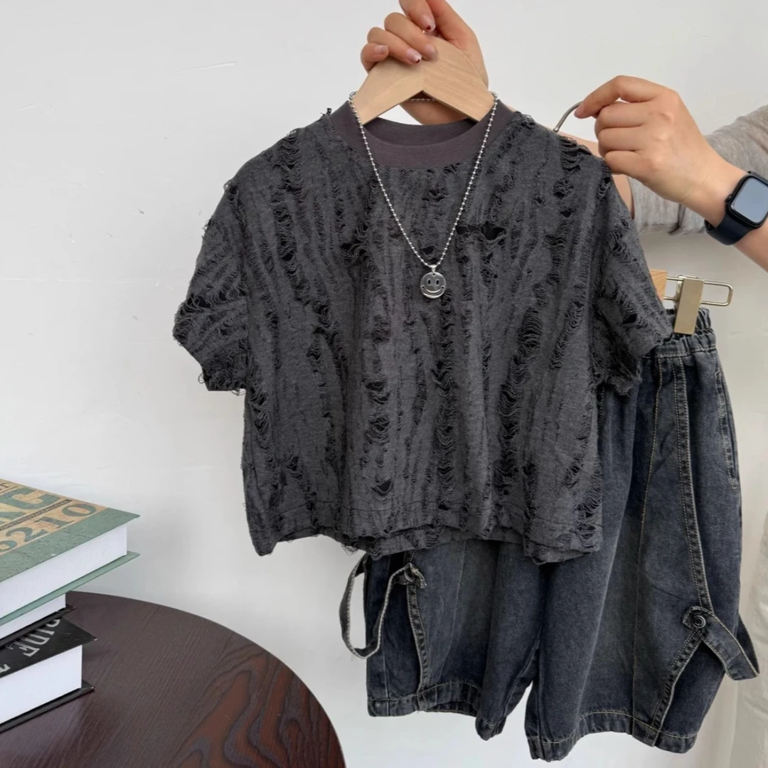 韩版儿童夏季套装2025新款男女童短袖牛仔短裤透气薄款洋气两件套