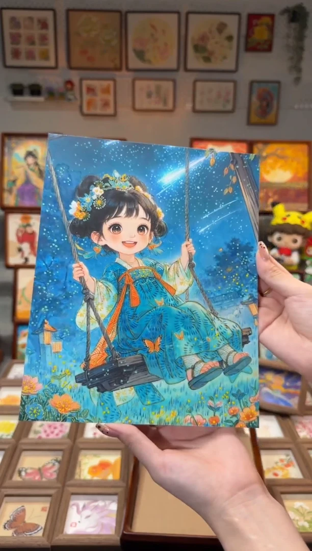 国画?****?秋千流星女孩 手绘国画10花芯