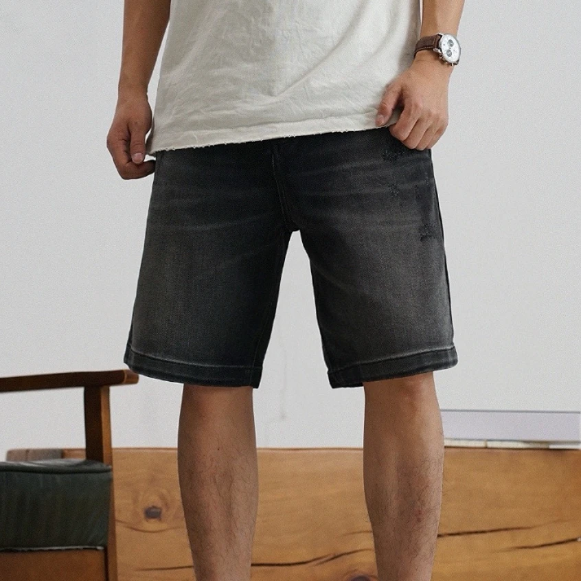 黑色牛仔短裤男美式复古水洗做旧微弹刺绣宽松直筒休闲五分裤夏季