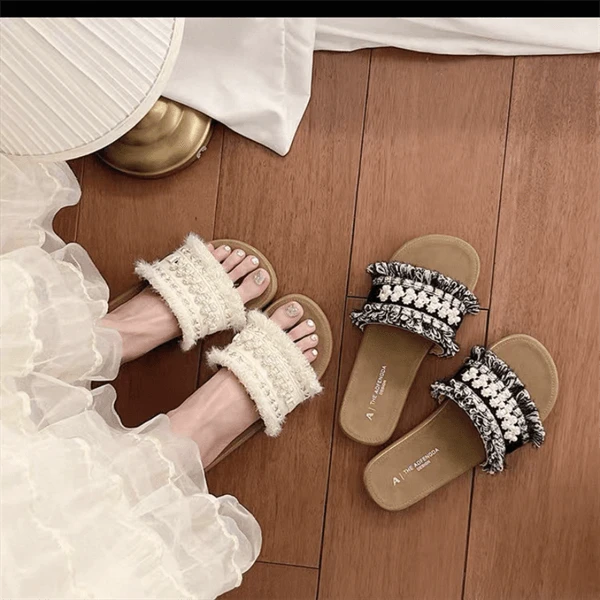 【巴韩】玲姐家1661时尚百搭韩版潮圆头气质露趾法式小香风平底凉拖