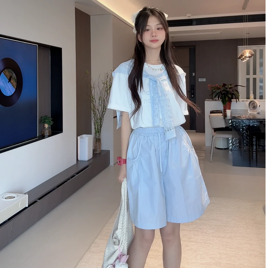 TTY青少年装 2025夏季拱桥绣花洋气披肩短袖短裤三件套装279193