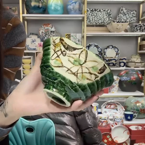 【单支】日本进口Bloom织部间取花变形饭碗13cm