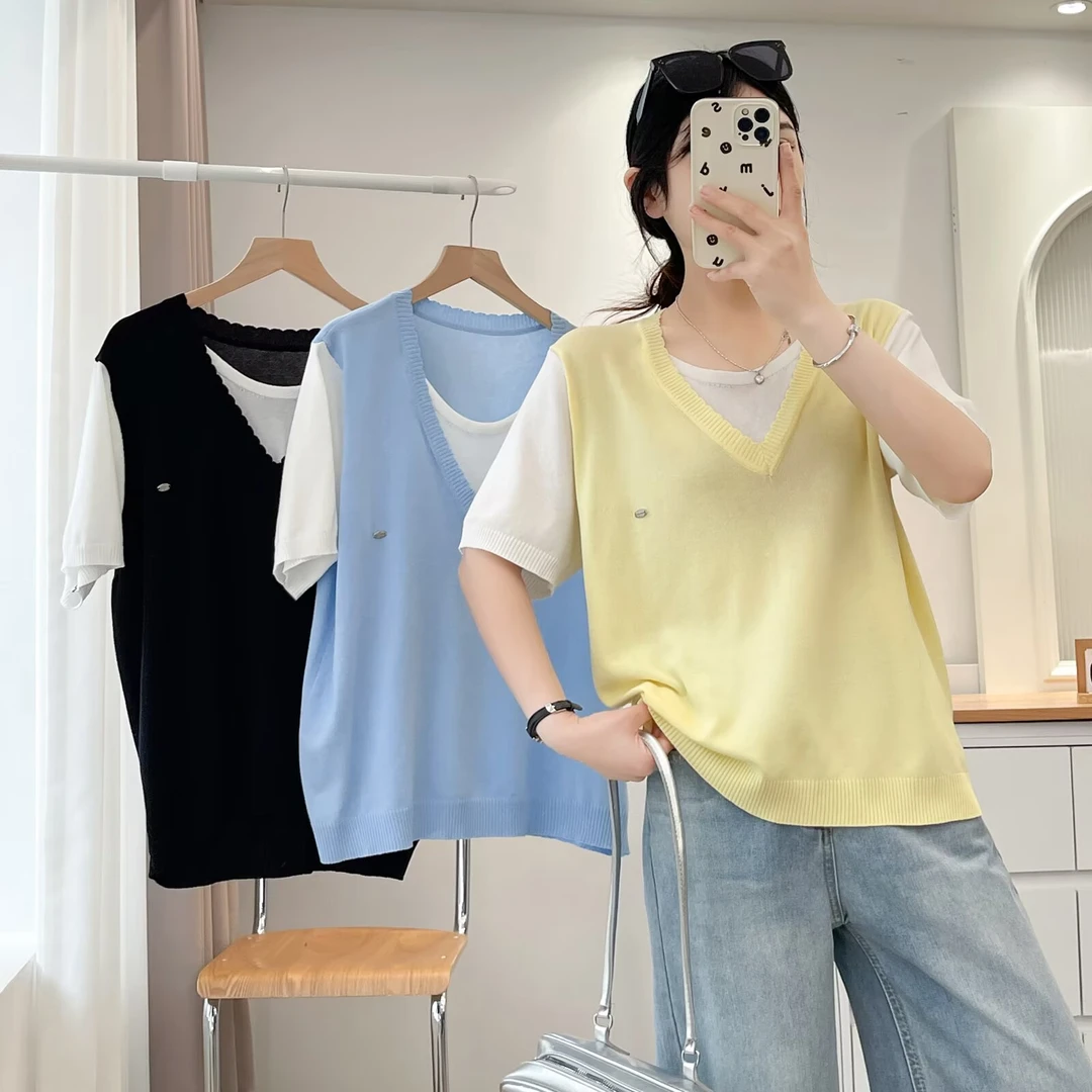 YANUJIAO/雅奴嬌大码胖mm夏季假两件冰丝短袖针织衫女士减龄拼接