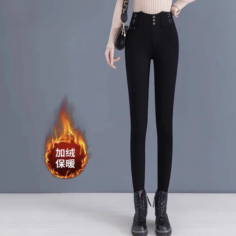 【贺筱姐】加绒加厚设计感时尚洋气保暖抗寒小脚牛仔裤子K276款