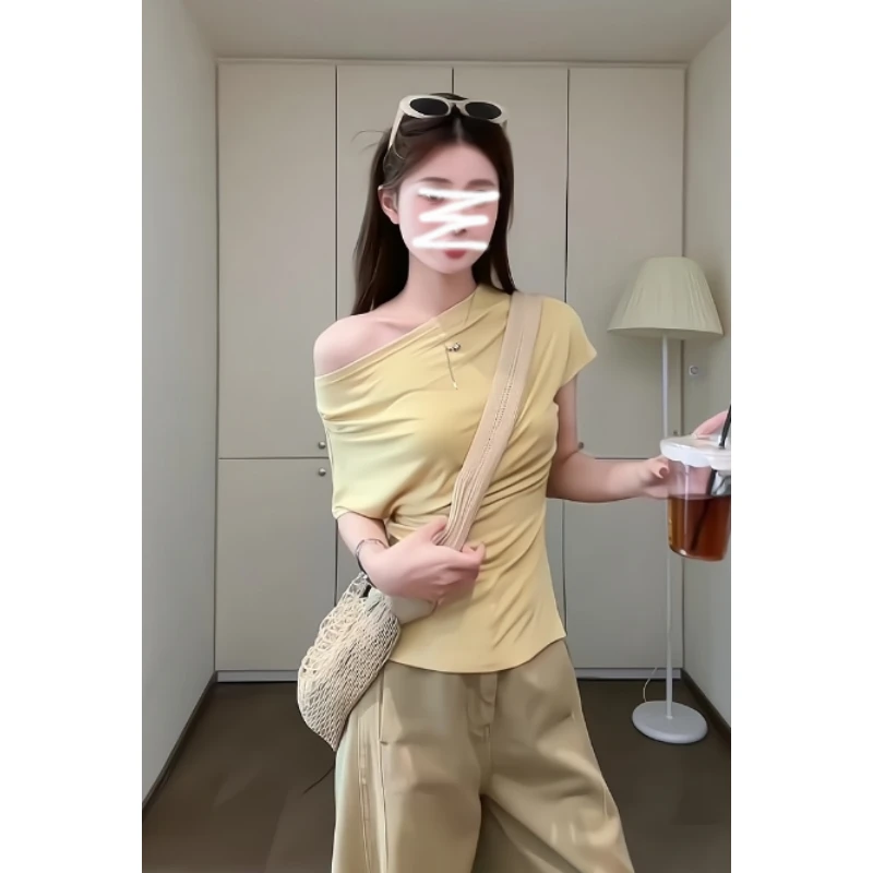 INS CEC辣妹性感黄色斜领露肩上衣女搭配新款宽松显瘦拖地裤套装