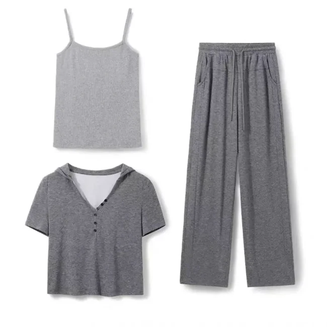 夏季运动时尚三件套女短袖T恤吊带阔腿裤套装JR-0435