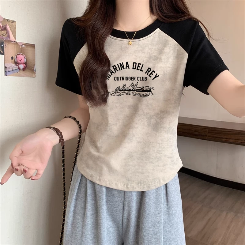 2025圆领纯棉扎染印花短袖T恤女夏季撞色插肩袖爆款时尚短款上衣