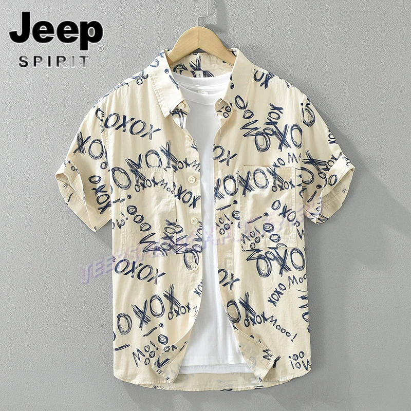 Jeep吉普时尚字母纯棉短袖衬衫男夏季宽松透气薄衬衣潮流痞帅上衣