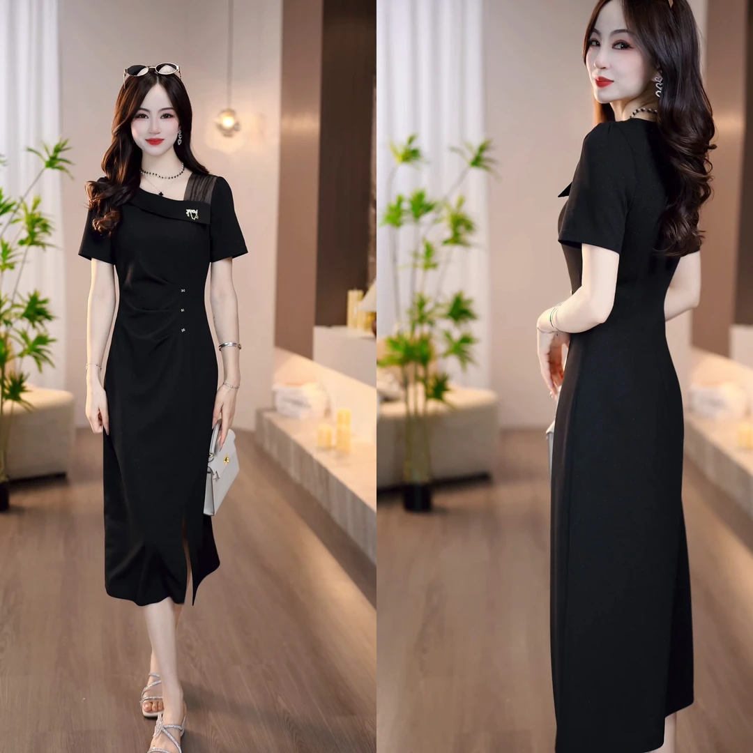 2025夏季新款黑色斜肩领透肤优雅气质时髦显瘦设计连衣裙M-4XL