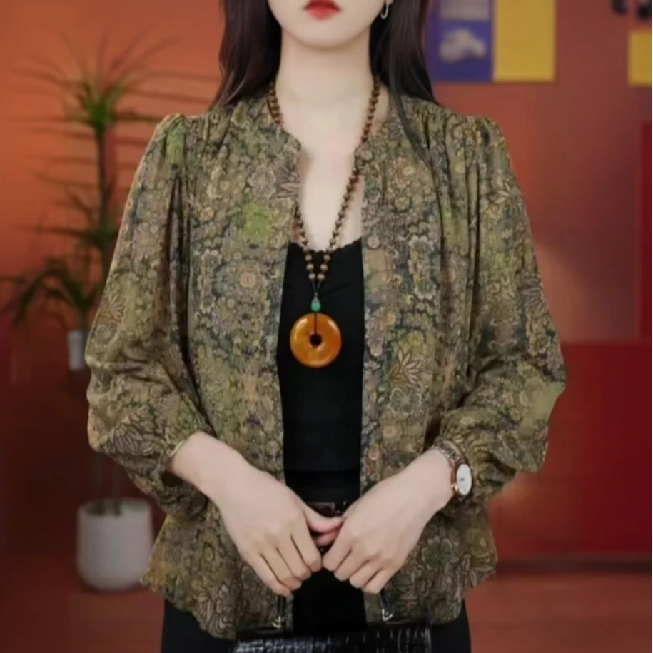 2025春秋新款气质洋气职业风端庄减龄碎花时尚百搭显小长袖款上衣