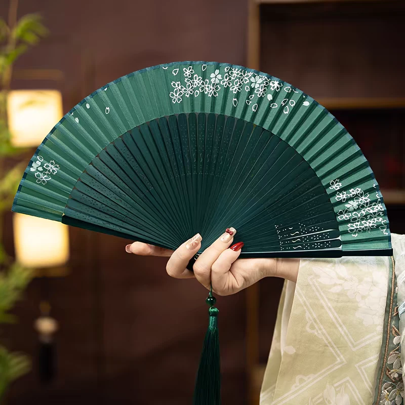 手工尺寸便携古风绿色折扇女式随身古典中国风汉服旗袍折叠小手工