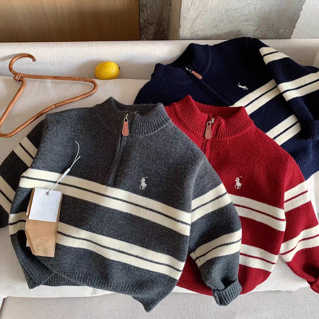 儿童毛衣加厚一体绒男童潮牌半拉链条纹针织衫宝宝中大童套头毛线