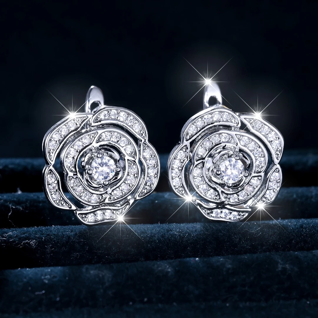 铜合金合成锆石耳饰 小香风山茶花轻奢镂空玫瑰花耳扣48号A