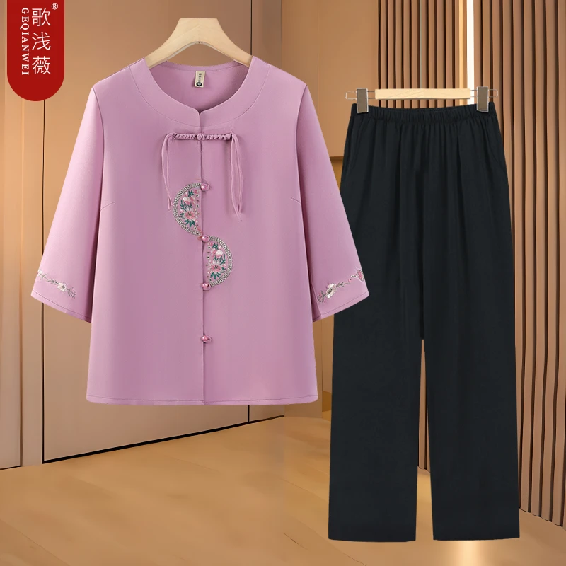 妈妈洋气夏装新中式绣花衬衫新款中老年女减龄时尚中袖衬衫奶奶