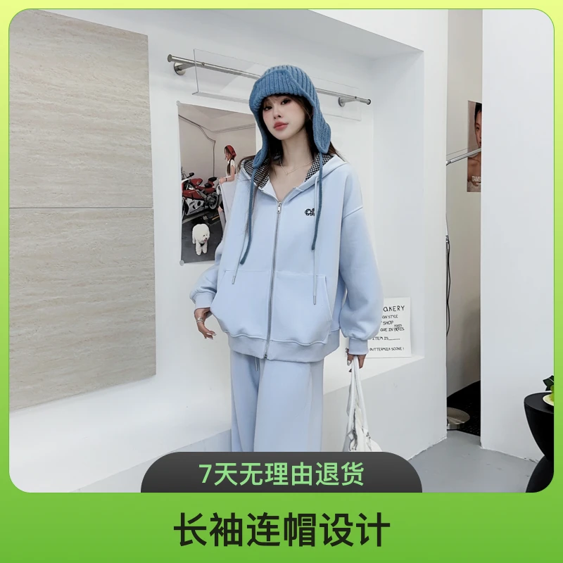 格子开衫款卫衣长袖连帽运动服韩版秋季网红套装203