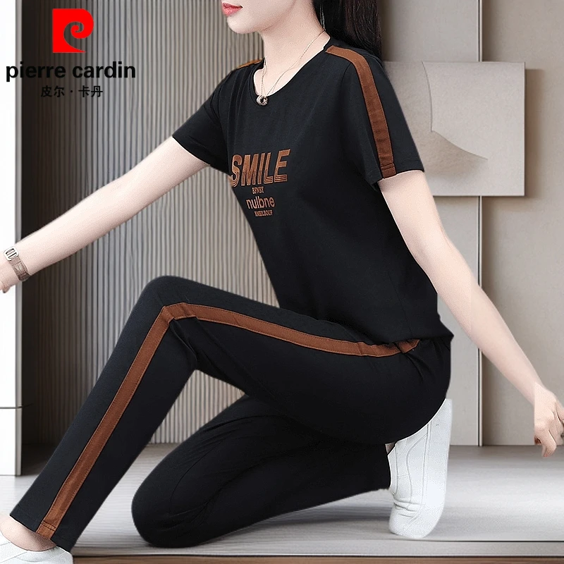 皮尔卡丹新款纯棉时尚运动套装夏装短袖两件套女夏季宽松妈妈洋气