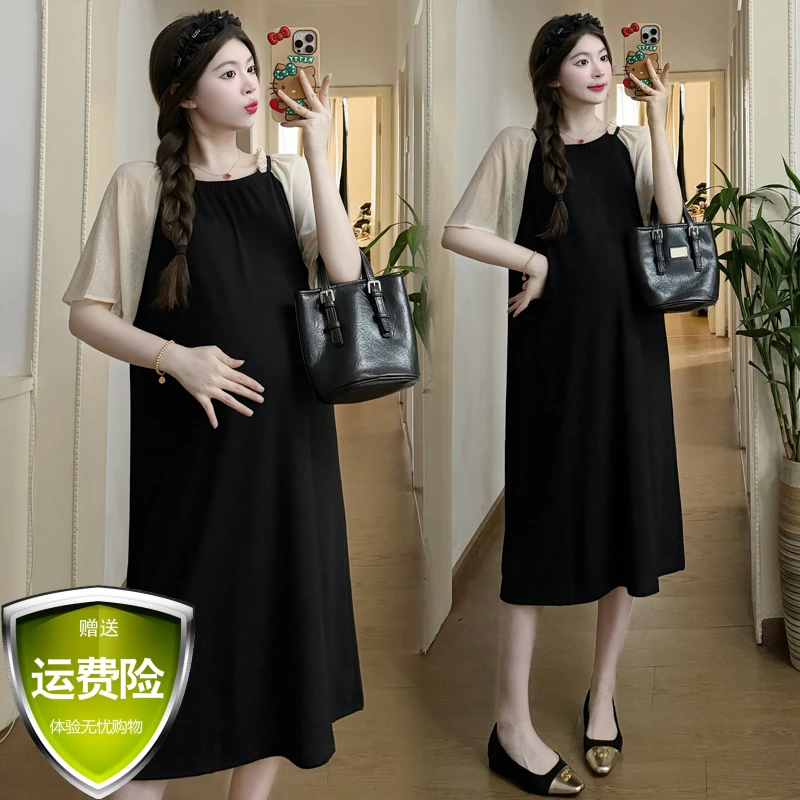 孕妇夏装连衣裙2025年新款法式时尚宽松显瘦假两件中长款夏天裙子