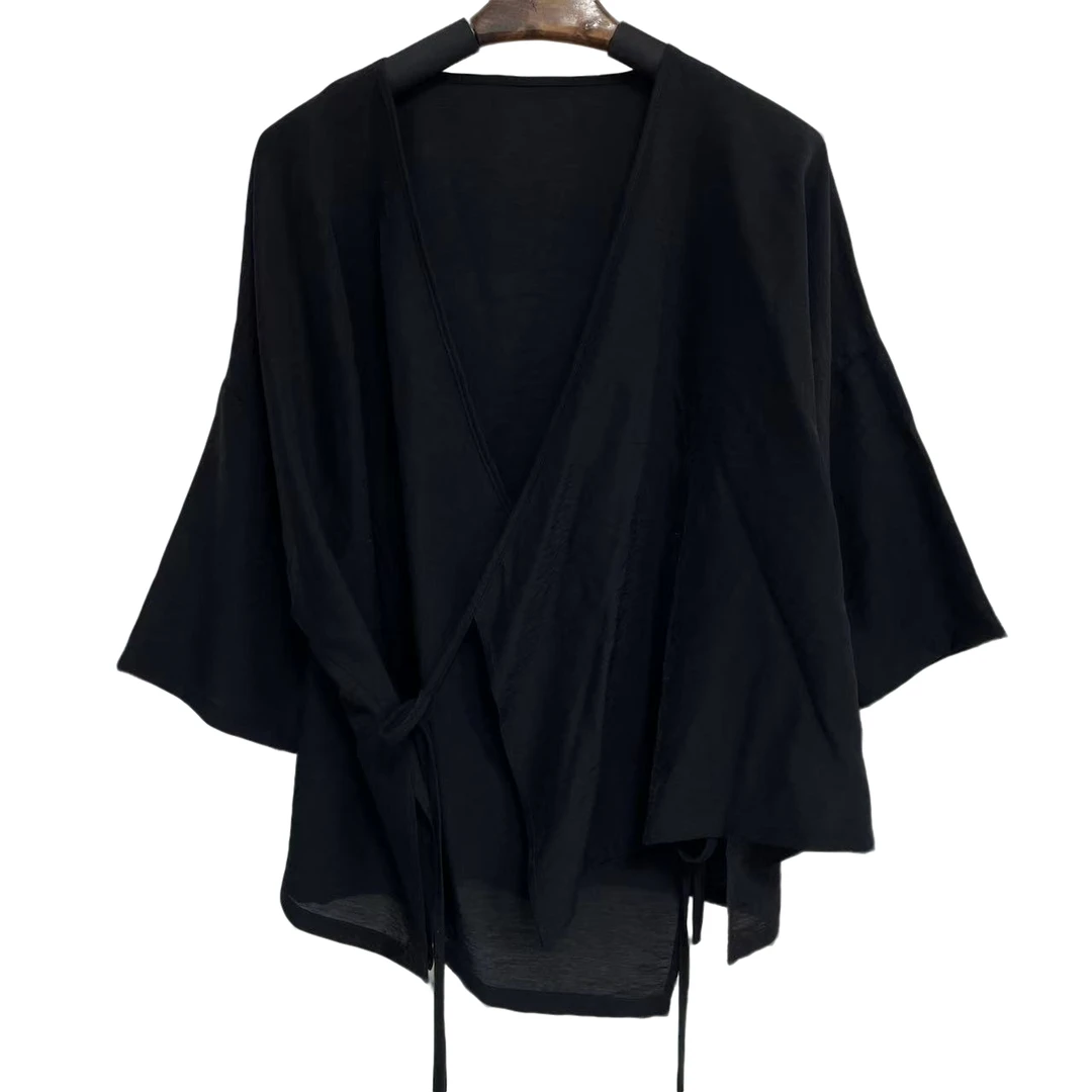 恬小霓（玲玲姐精选）9513/黑色/天丝麻/系绳/不规则/外搭上衣