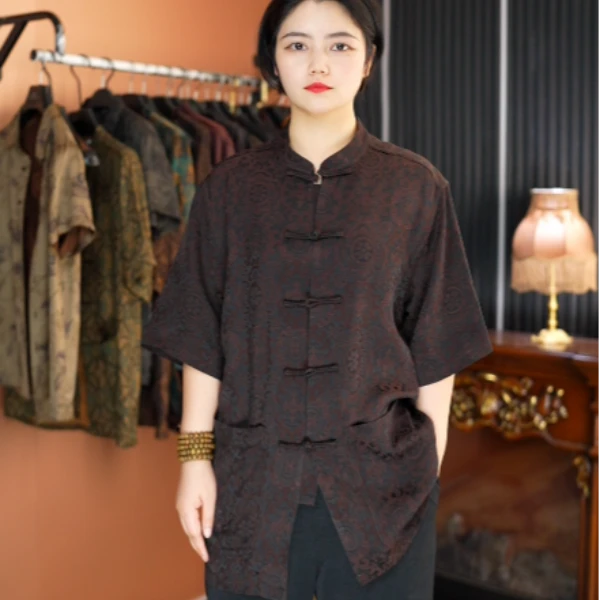 宝相四经花萝重磅香云纱男装植物染色桑蚕丝中国风短袖唐装男装