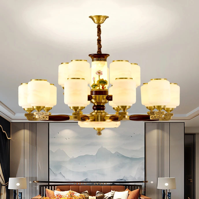 新中式全铜客厅吊灯高档全铜实木主灯新款别墅复式楼餐厅灯20259