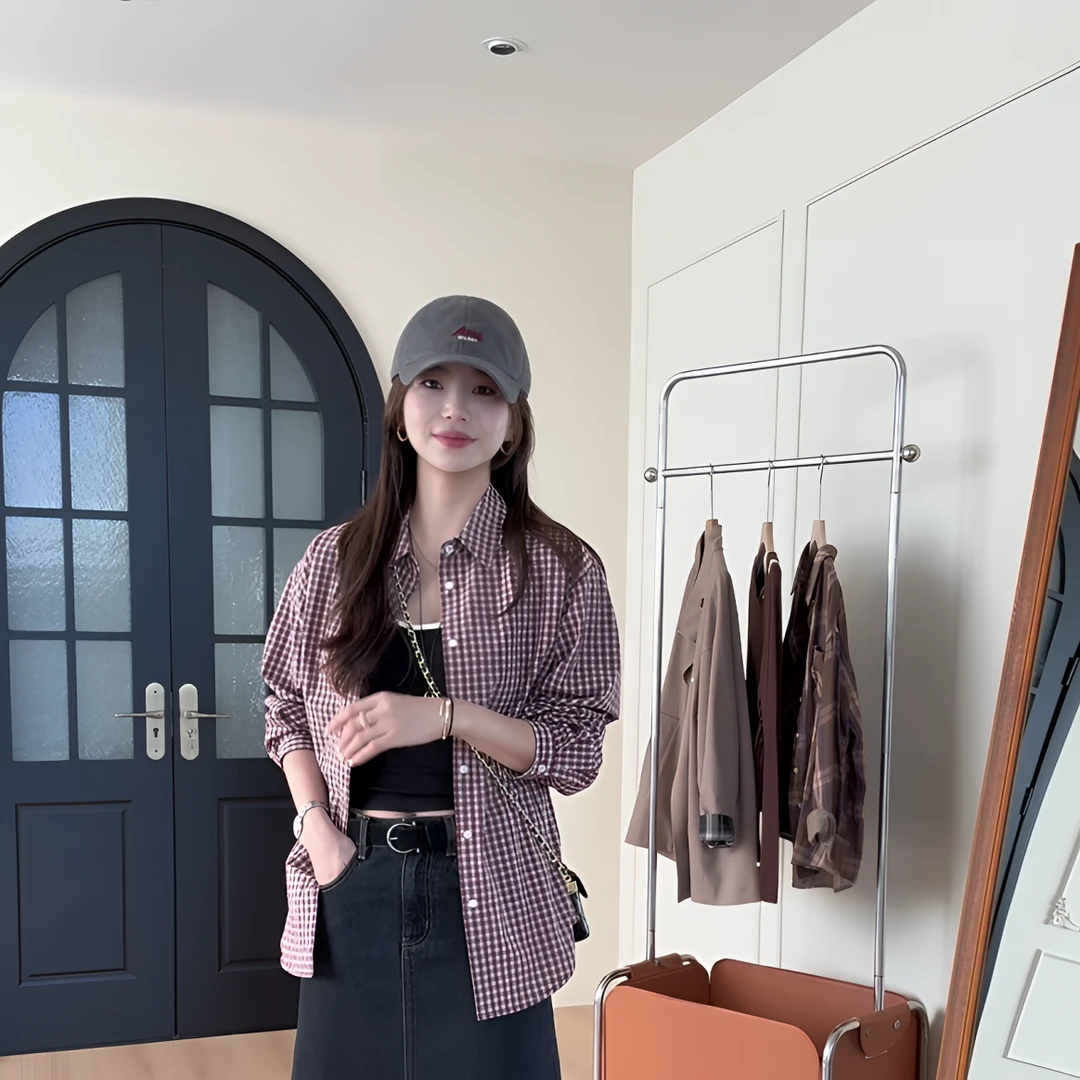 【余欢欢】早秋休闲通勤风百搭翻领长袖格子衬衫-YHW50607