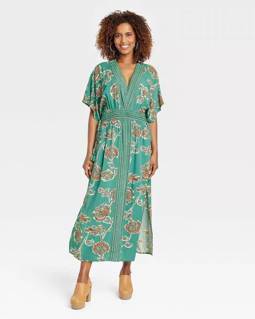 北欧时尚品牌定位印花夏季连衣裙优雅气质显瘦休闲外贸