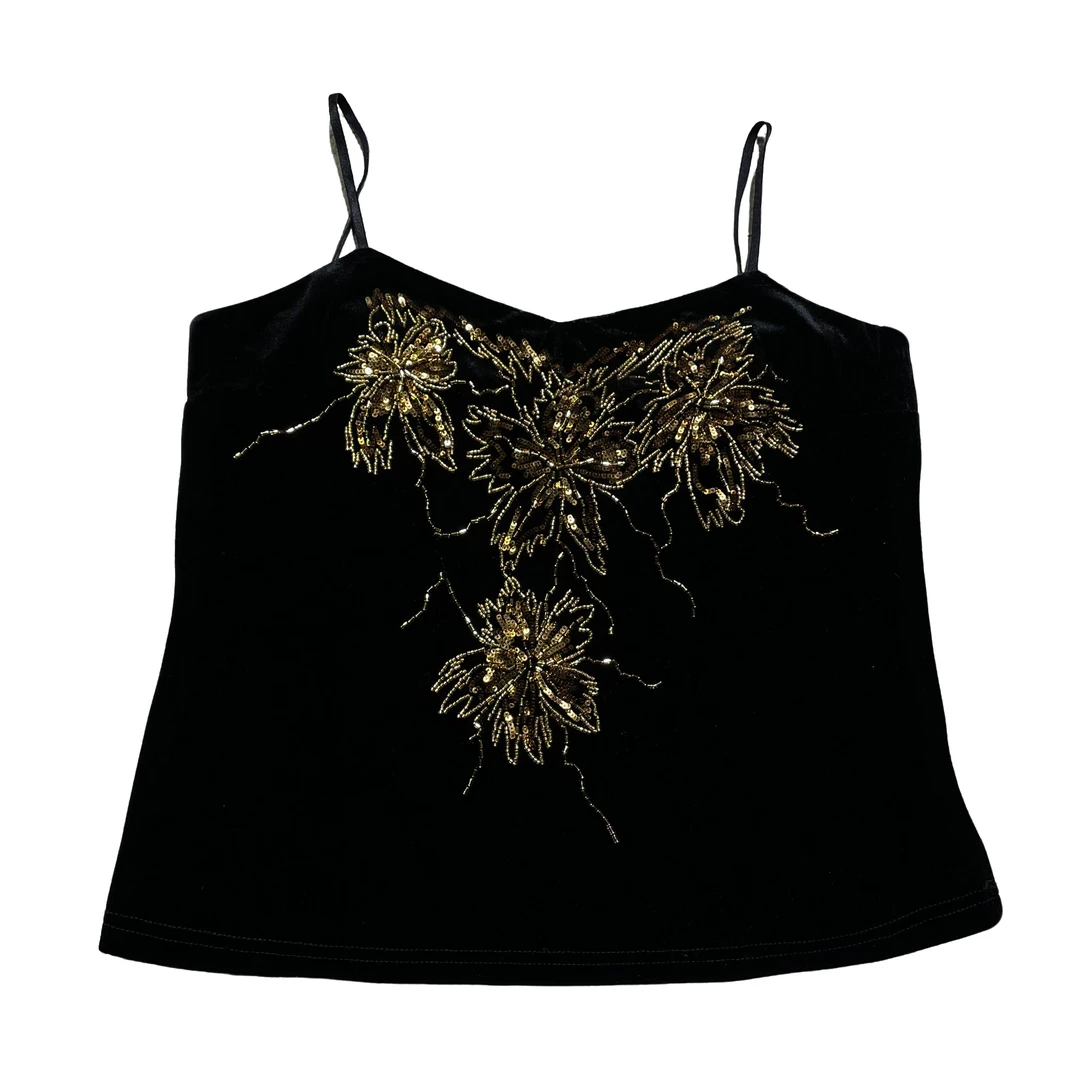 24新款丝绒刺绣吊带背心网红时尚百搭打底黑色