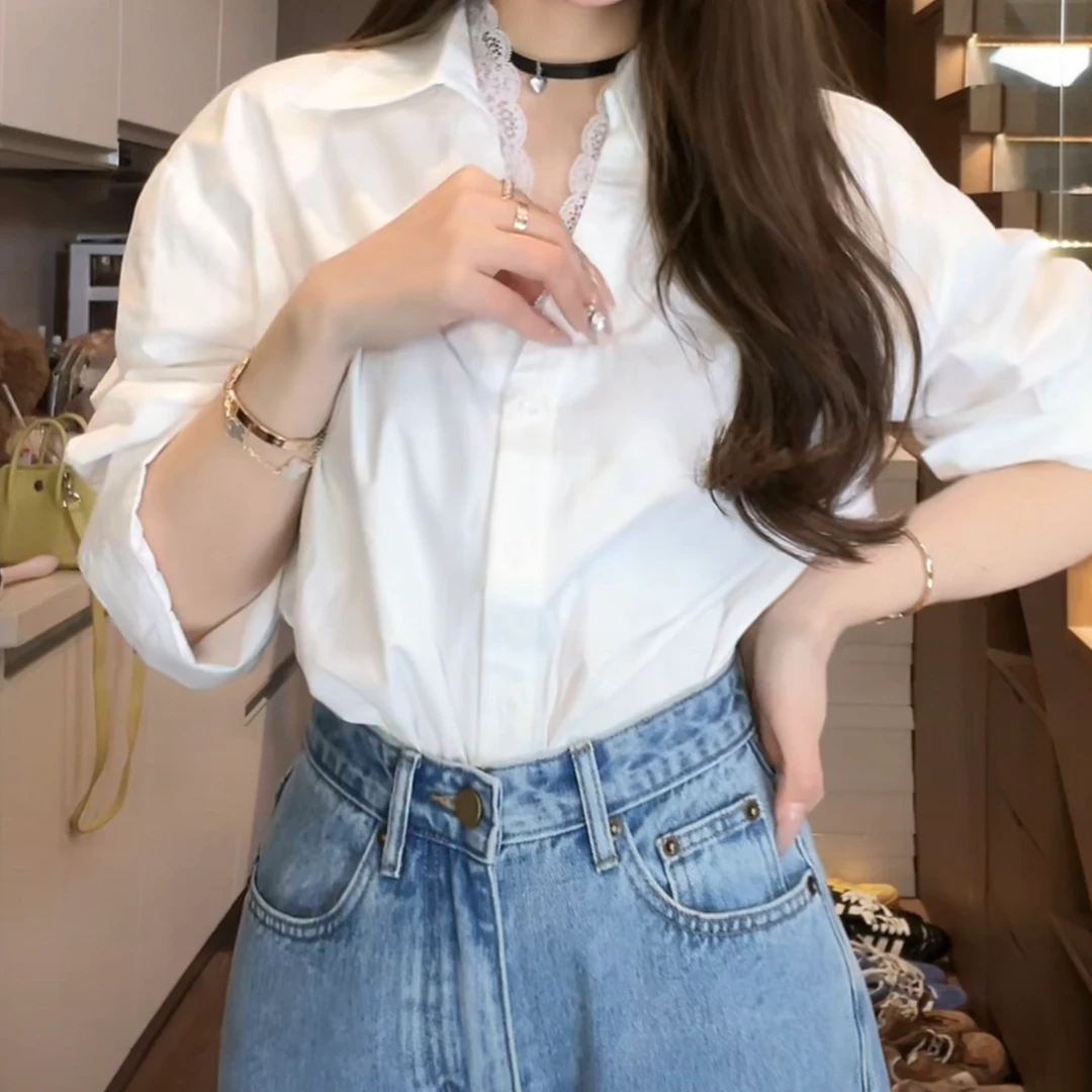 【必备白衬衣】泡菜订制蕾丝边设计感气质百搭时尚休闲白色衬衫