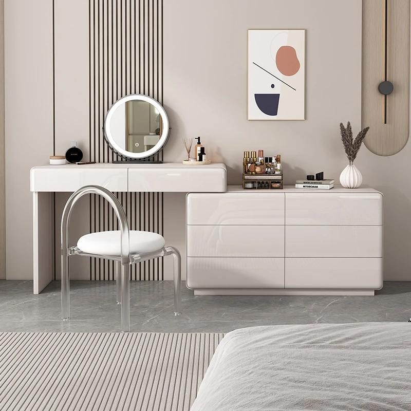 奶油风梳妆台斗柜卧室现代简约实木烤漆床尾收纳柜可伸缩化妆桌