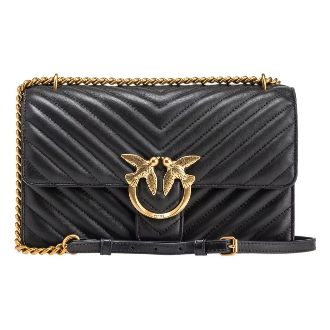 PINKO品高人字斜纹绗缝金属搭扣皮革单肩斜挎包常规女款黑色 个