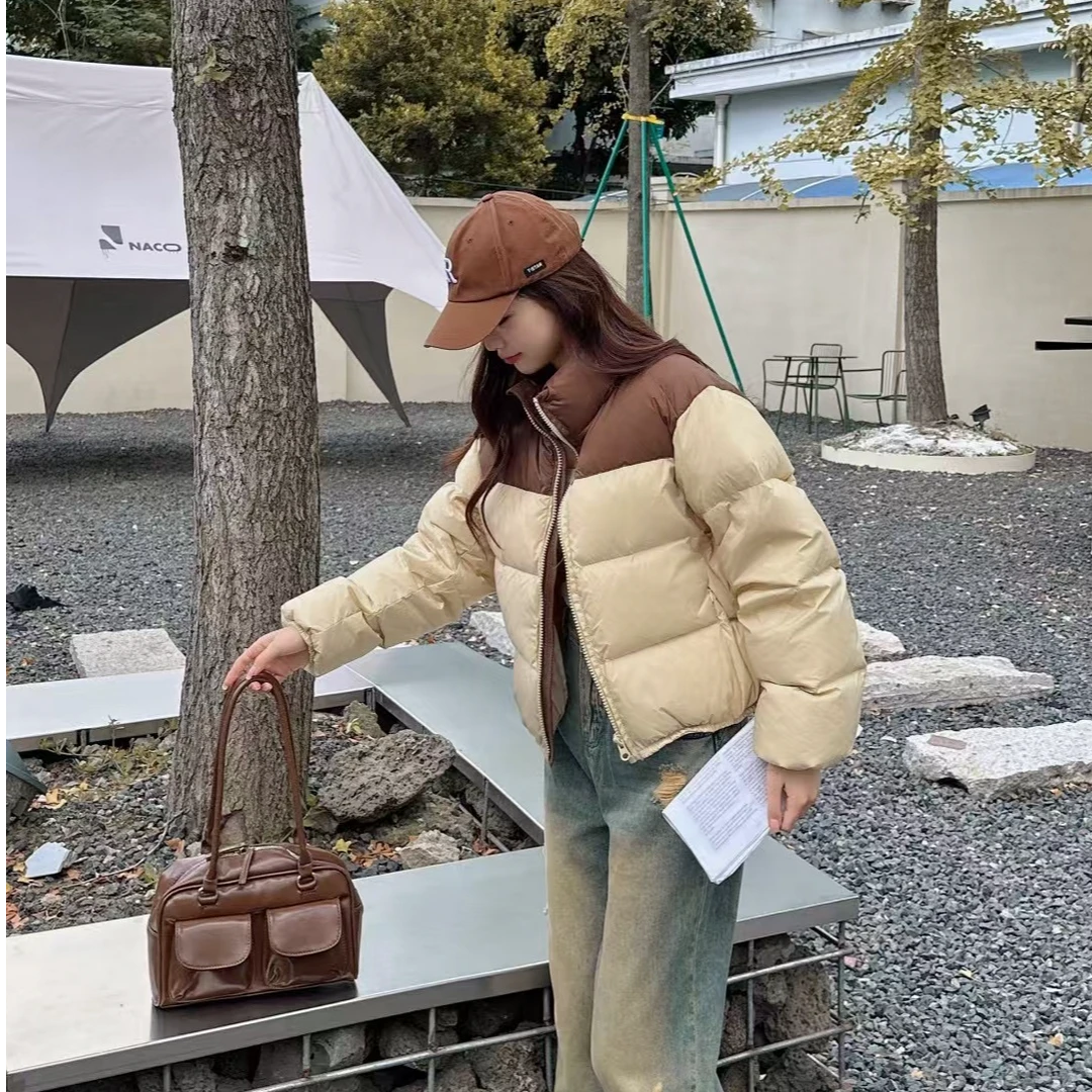 【清】韩版肯豆风拼色立领小个子面包服短款羽绒服外套休闲百搭秋冬