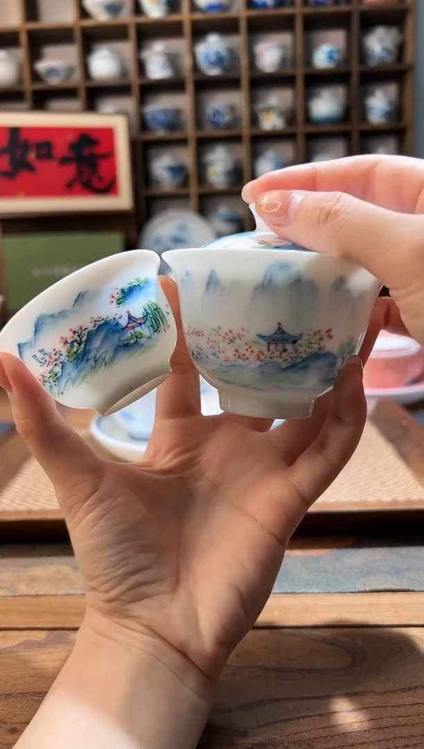 【闪购商品】五彩山水盖碗+送一杯