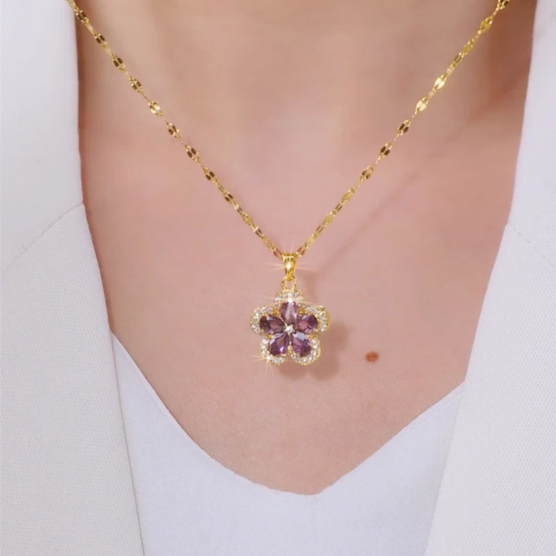 钛钢项链 轻奢时尚紫色花瓣项链女高级感气质锁骨链2025新款颈链