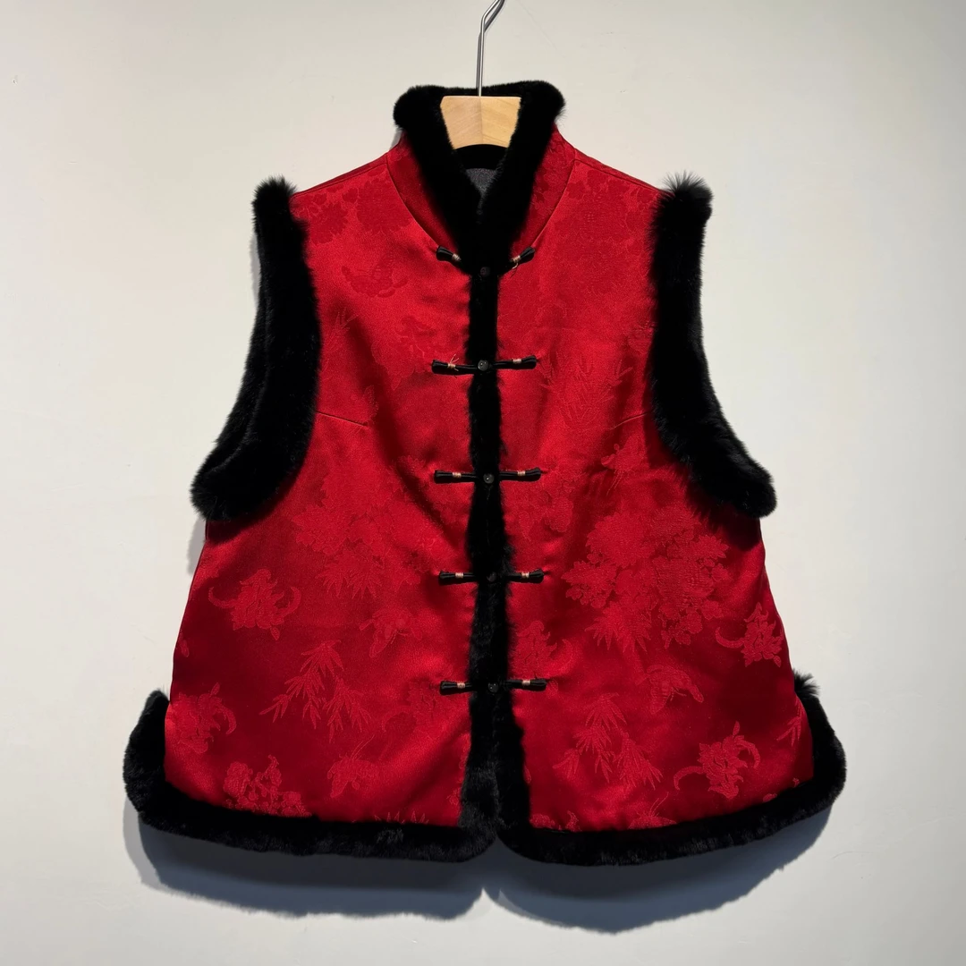 中式新春红盘扣绒边蚕丝马甲