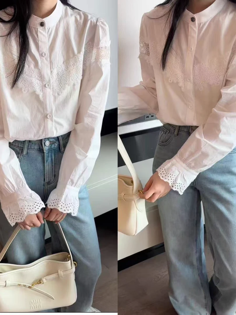 小芸推荐-重工刺绣单排扣雷蕾丝设计感拼接衬衣