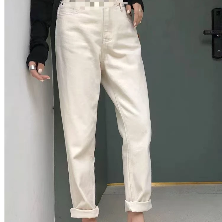 2513植绒梨形身材米白色牛仔裤秋冬新款加绒高腰宽松萝卜老爹裤