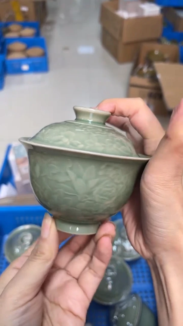 陶瓷青瓷百花两才盖碗