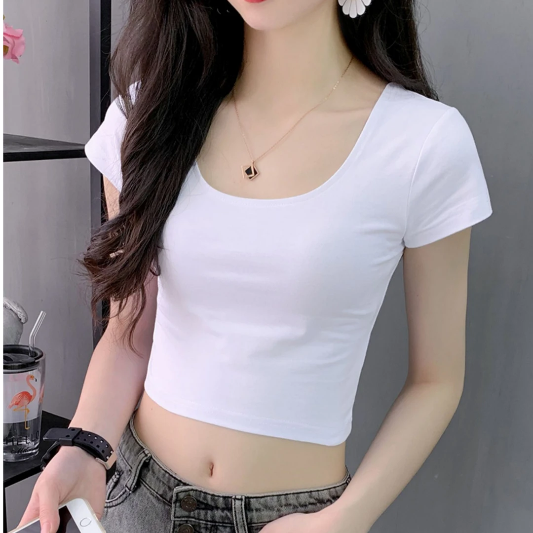 白色t恤女短袖修身短款露脐上衣2025年夏季新款露腰显瘦黑色内搭t