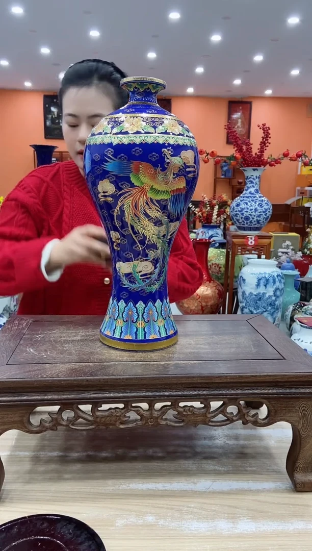 【闪购商品】摆件掐金丝珐琅彩霁蓝凤凰梅瓶+旋转底座