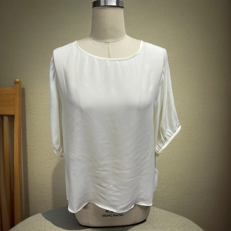 【1000-6】白色重磅桑蚕丝简约素色双绉百搭气宽松衬衫圆领5002-S10