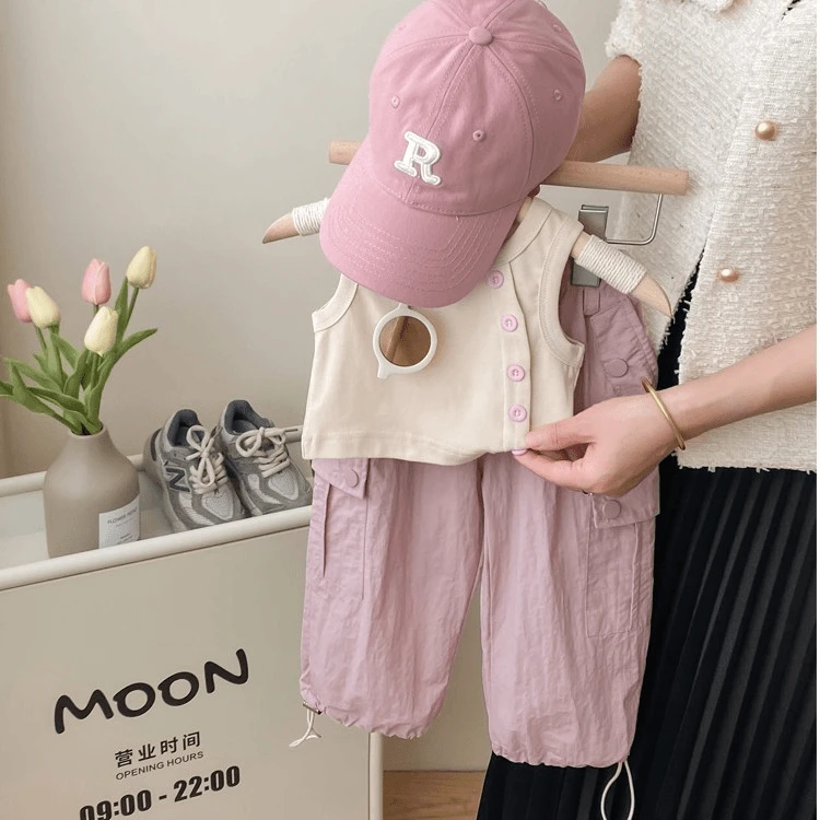 现货 女童洋气设计感小众甜酷外穿纽扣背心夏季休闲工装裤套装