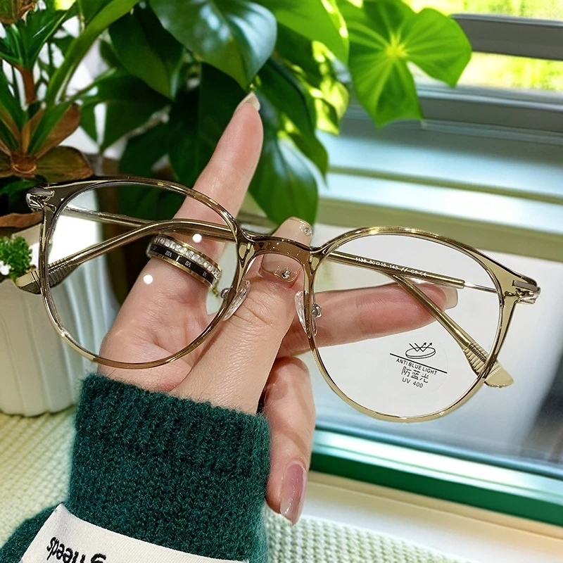 韩系冷茶色超轻tr90网红复古眼镜框素颜风防蓝光圆框眼镜可配度数