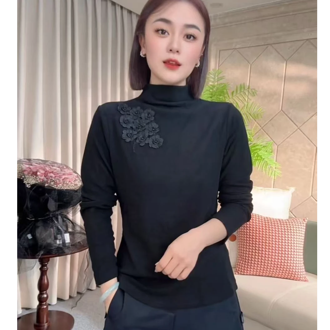 依骊汇冬季新款女磨毛半高领时尚啤酒领T恤冬季长袖9501