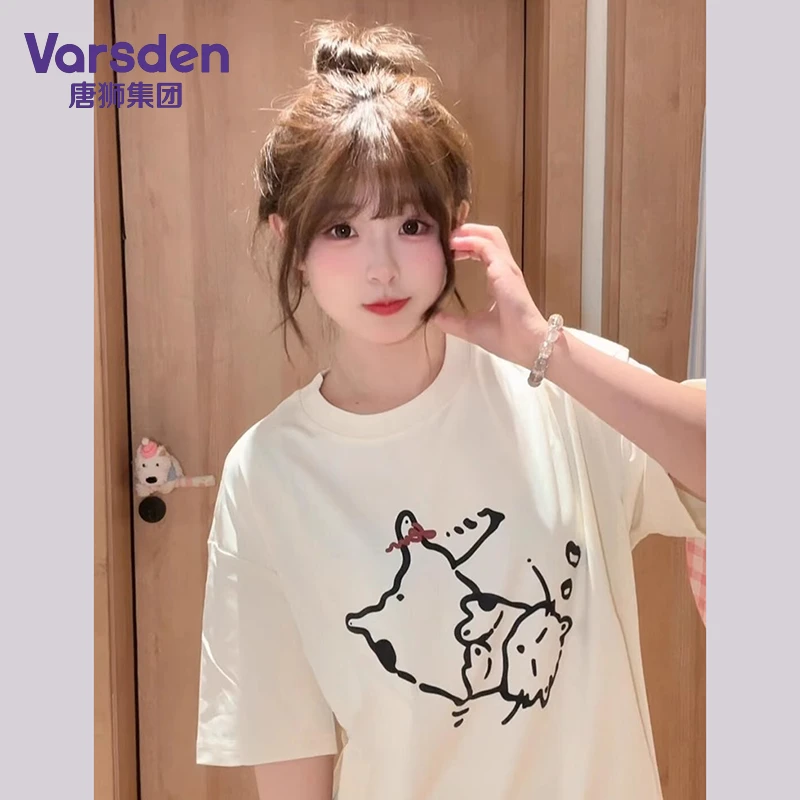 唐狮集团Varsden美式复古卡通猫咪印花短袖T恤女新款夏季圆领短袖