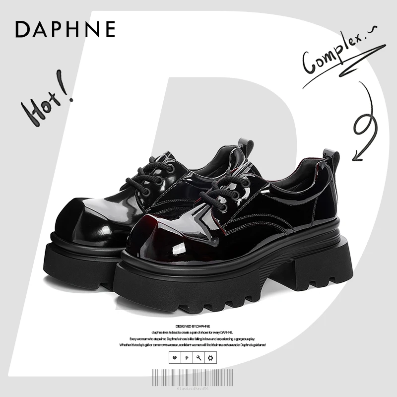 达芙妮网红爆款2025春季新款亮面大头鞋女时尚百搭系带粗跟乐福鞋