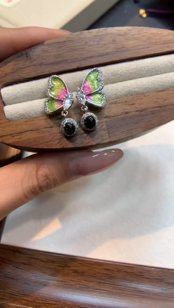 银S925镶嵌翡翠耳饰耳钉