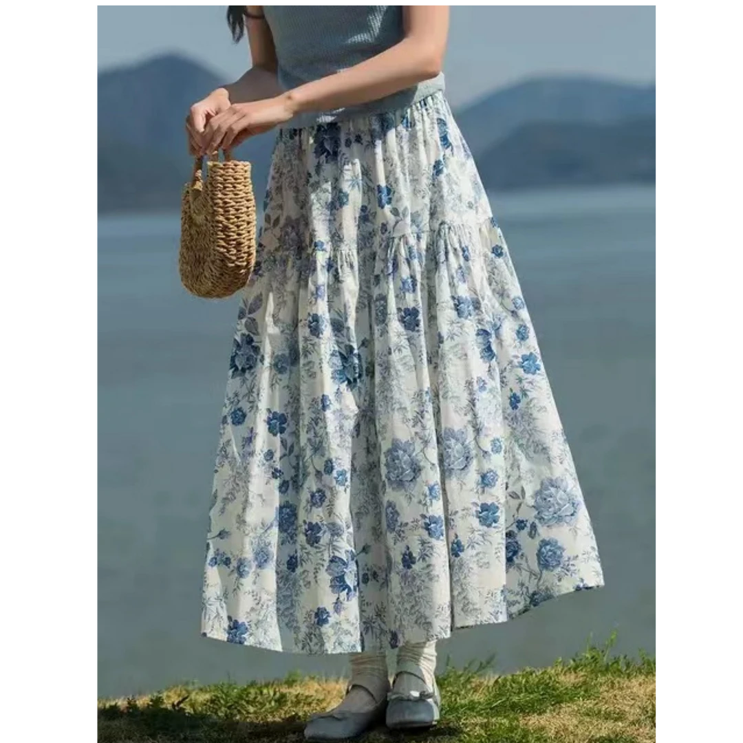 新中式水墨碎花裙女2025夏季氛围感穿搭a字裙宽松复古拼接半深裙