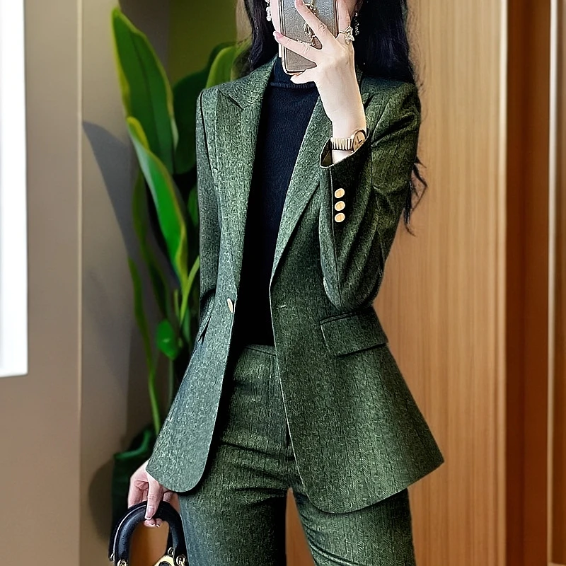 职业品质女2025新款秋装绿色条纹小西服高级感西装职场正装工作服